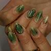 24Pcs Green Cat Eye French Press On Nails With 3D Metal Line Sun Design Short Almond Full Cover Artificial Nails