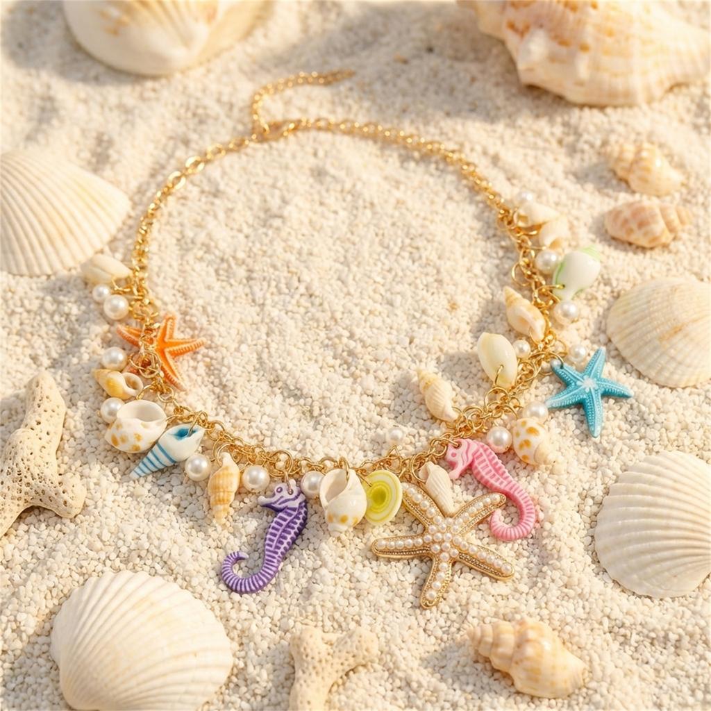 Boho Exaggerated Starfish Conch Pendant Necklace for Women Seahorse Shell Imitation Pearl Metal Chain Choker Beach Party Jewelry