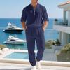 Men's Linen Henley Shirt and Pants Set Relaxed Fit Long Sleeve Holiday Lounge Two Piece Outfit