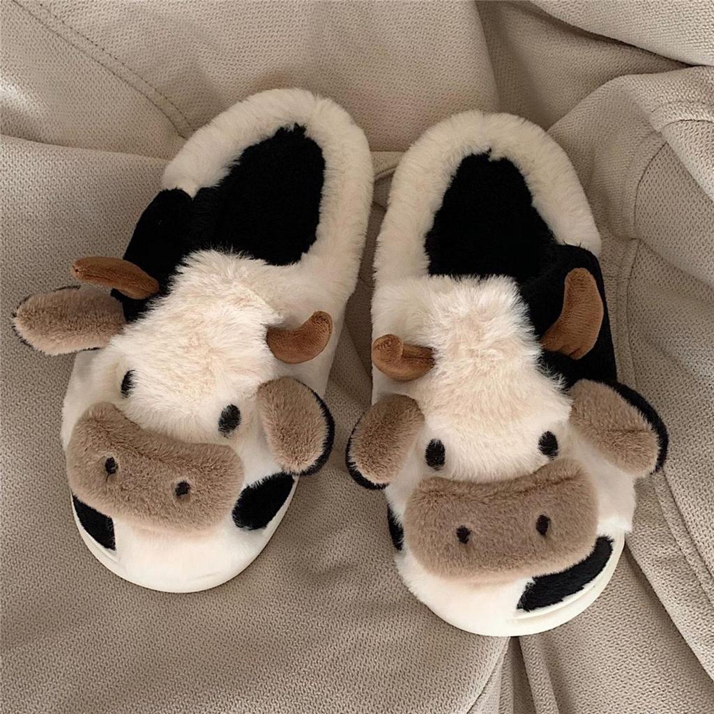 Fuzzy Cute Cow Slippers for Women Winter Warm Cozy Animal Fluffy Kawaii House Slippers Cute Slippers