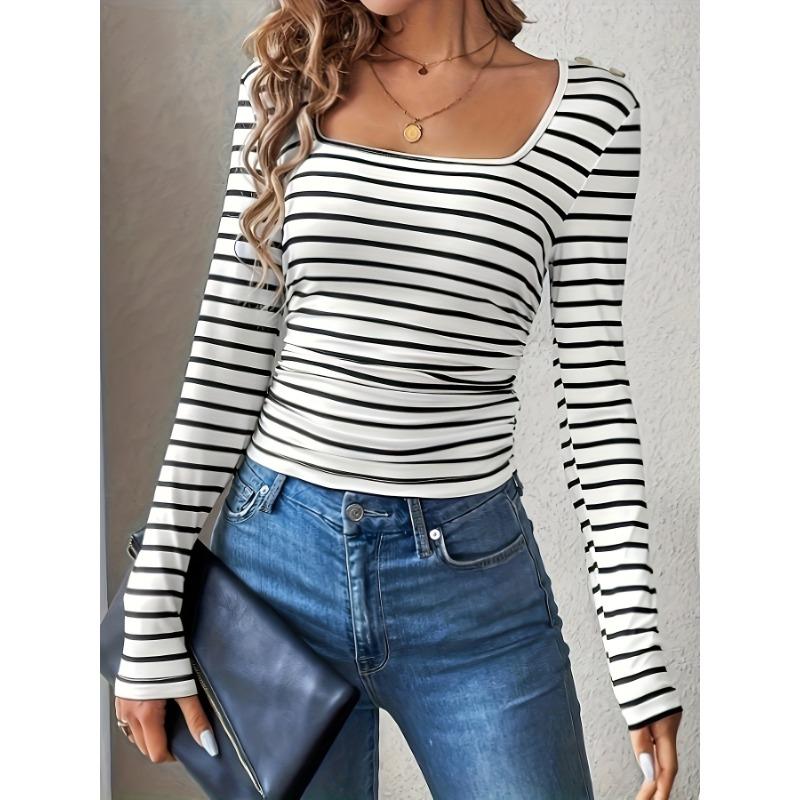 

Женский облегающий трикотажный топ в полоску осень/зима XXL белый