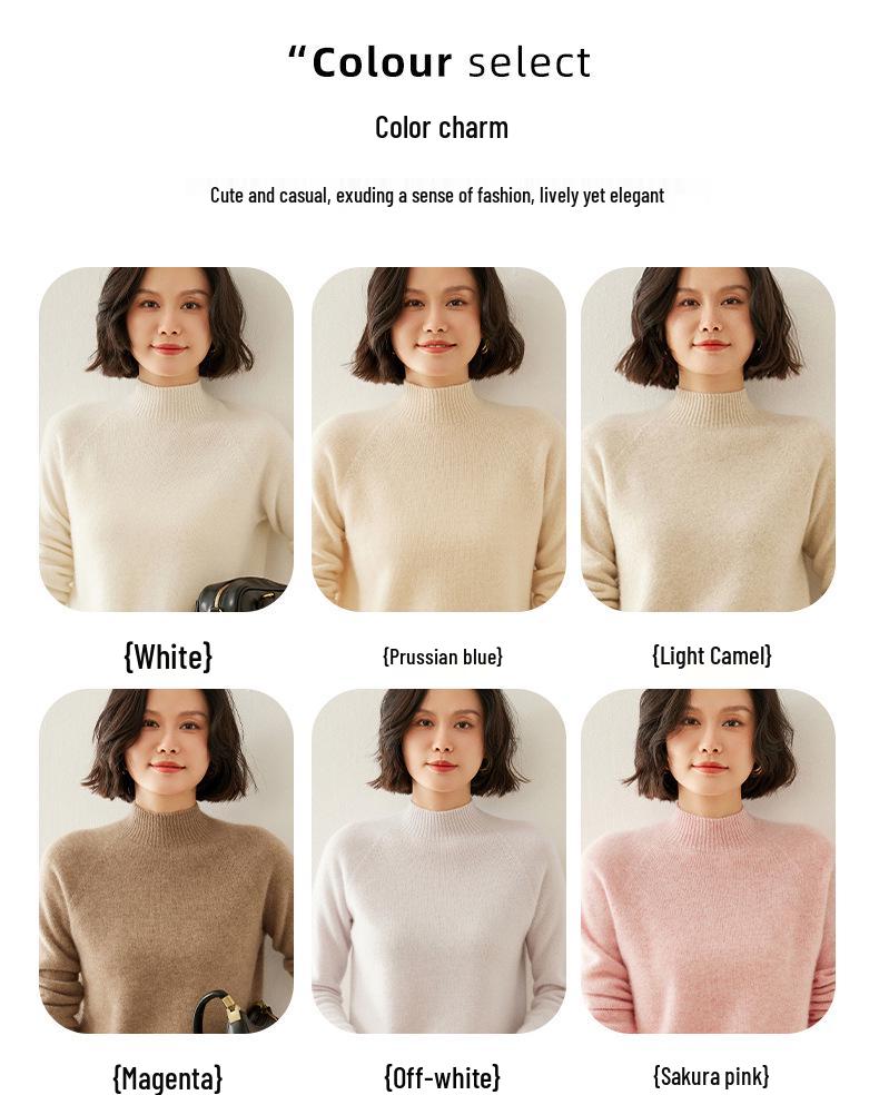 Women's Cashmere Raglan Sleeve Slim Fit Sweater - Half High Neck, Thickened, Solid Color, Versatile Knitted Top.