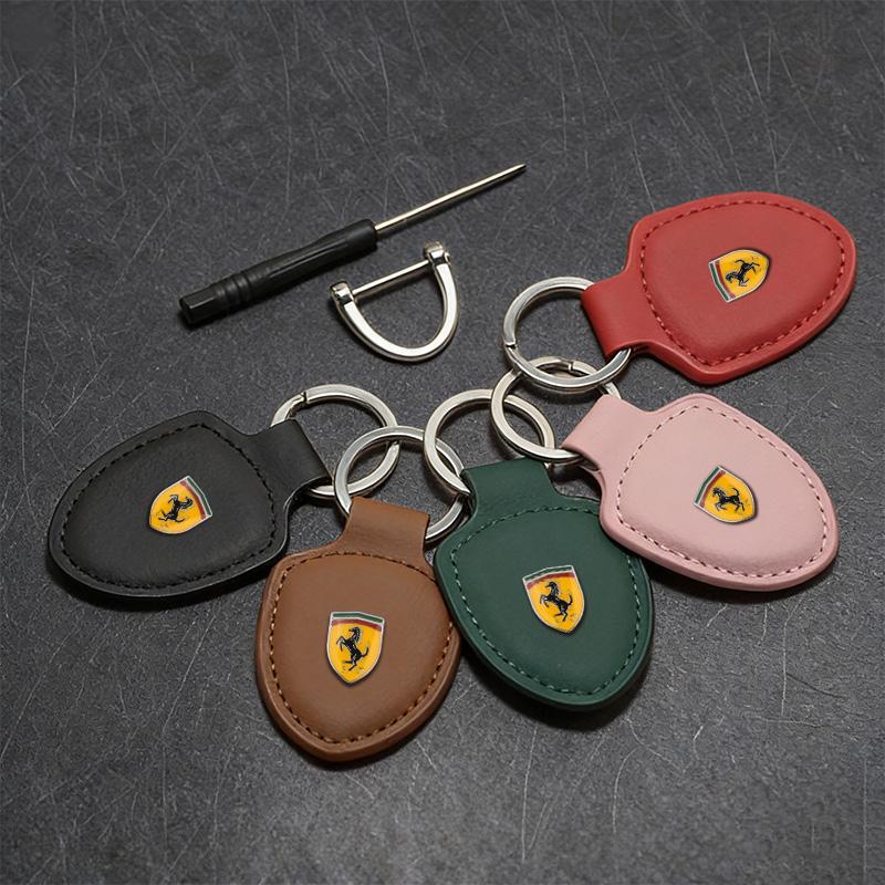 3D Emblems Leather Car Keyring Keychain Anti-Loss Pendant For Ferrari F430 CRoma 488 Portofino Spider SF90 Superfast Competizione