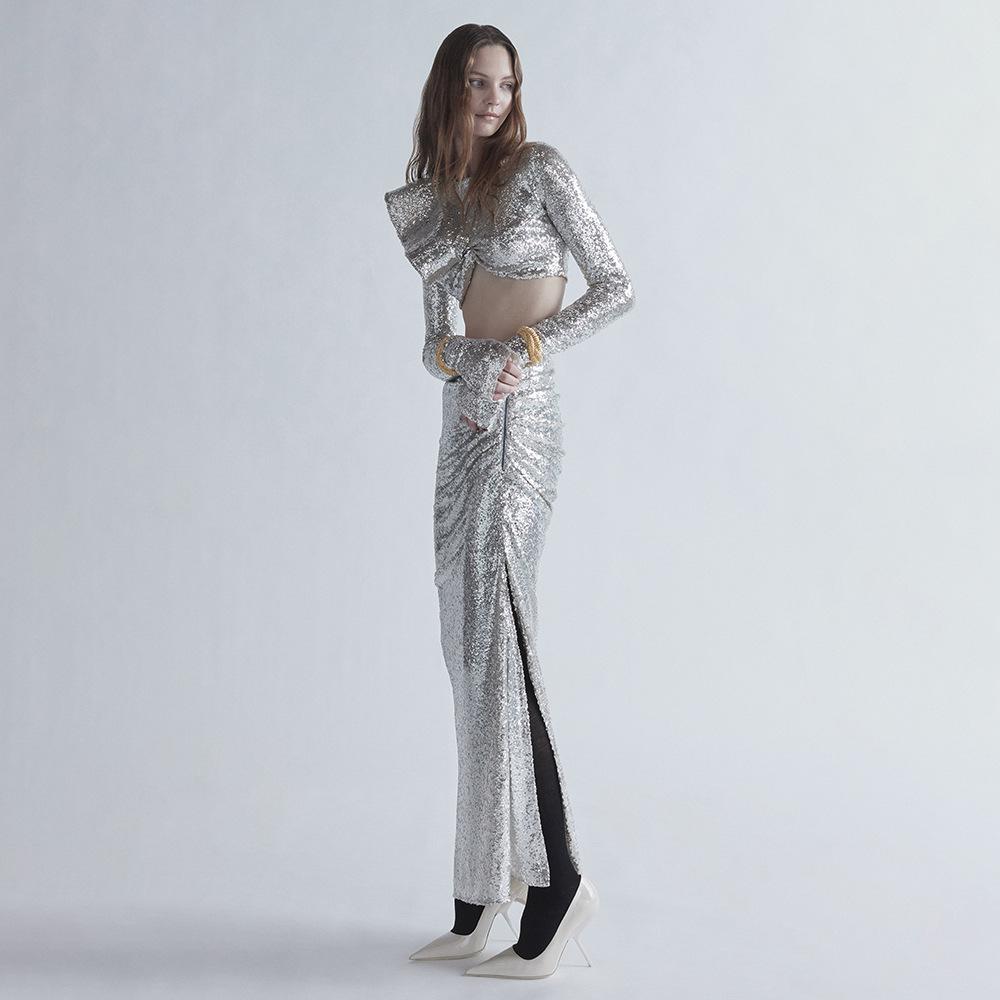 Spring and Autumn European-American Women's Two-Piece: Silver Sequin Long Skirt and Top
