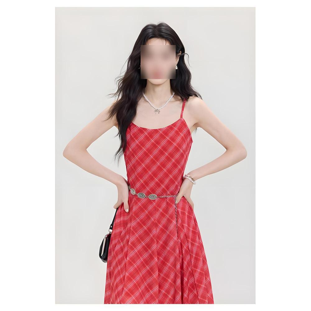 

Девочки летнее красивое красивое красное клетчатое платье на бретелях повседневная атмосфера приморский киношный наряд длинное платье XL- (recommended 110-60kg)