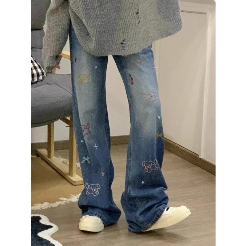 Women's High-Waist Retro Embroidered Jeans - Autumn 2025: Slimming Straight and Wide Leg Options