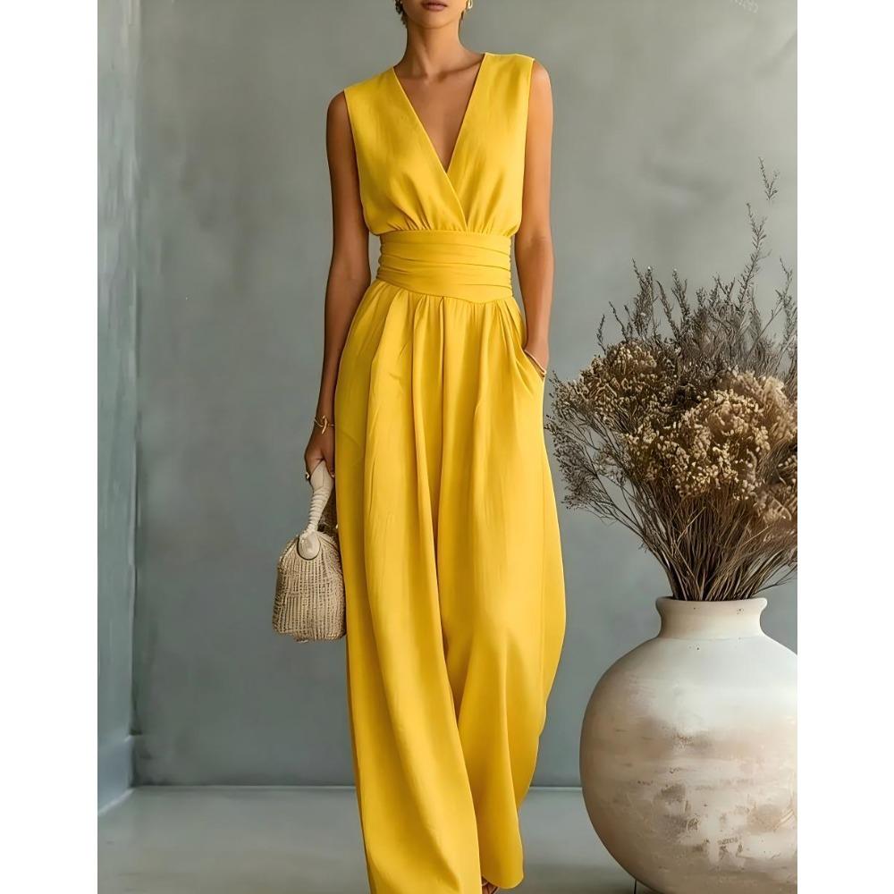 Women Spring Summer New V-neck Waist Slim Elegant Jumpsuit