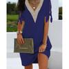 Summer V-neck Holiday Mini Dress Fashion Craft Cuff Split Bow Decoration Solid Color Casual Loose Dress Street Wear S-5XL