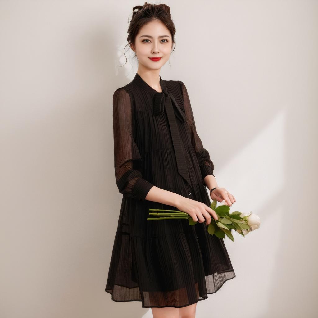 Spring Style Lace-up Bow Temperament Texture Long Sleeve Mid-length Women's Pleated Dress