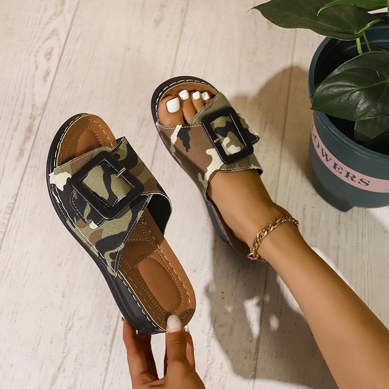 Large Size Slippers Women's Summer New Camouflage Slope Heel Fish Mouth Drag Round Head Beach Cool Slippers 43