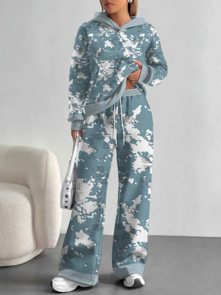 Color Graffiti European and American Autumn and Winter Casual Long-sleeved Suit Women's Hooded Sweater Trousers Two-piece Set