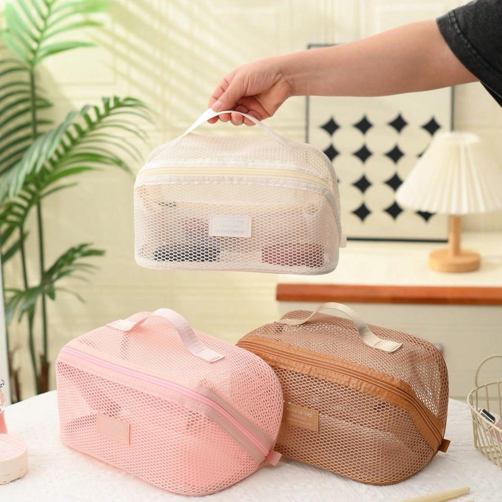 Simple mesh makeup and wash bag, large capacity portable travel storage bag, mesh breathable makeup storage bag