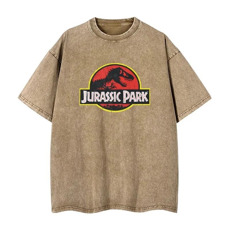 Jurassic Park washed retro Tshirt streetwear hiphop retro Tshirt Unisexs and Womens summer casual shirt