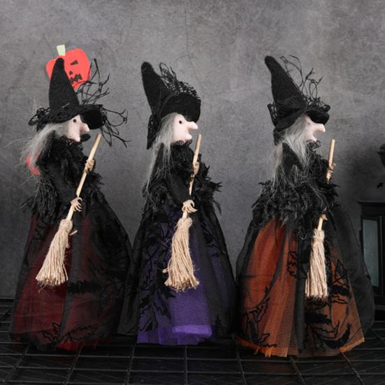 Halloween Witch Doll with Broom Small Witch Figurine with Gauze Skirt Spooky Table Centerpiece for Home Bedroom Desktop Decor