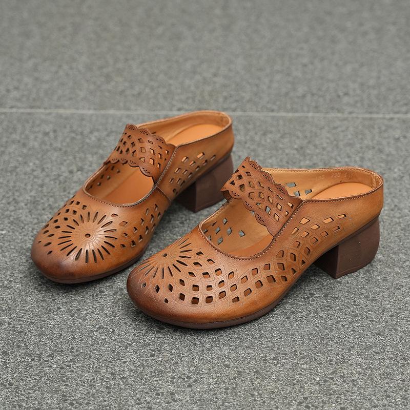 

Тапочки Женская обувь Ретро римские сандалии Женские летние толстые каблуки Мягкие подошвы Шлепанцы из коровьей кожи с отверстиями Crocs 35