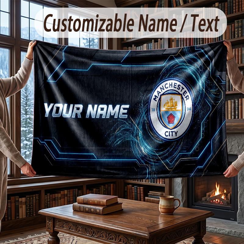 Custom Name Flannel Throw Blanket Manchester City Pattern Warm Home Decoration