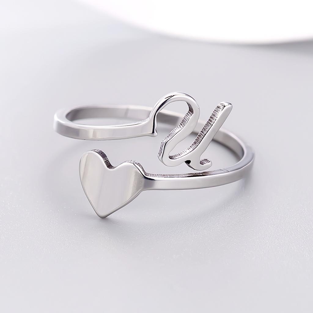 Silver Color 26 Letter Love Heart Rings Stainless Steel Open Ring for Women Men Couple Initial Name Finger Jewelry Gifts