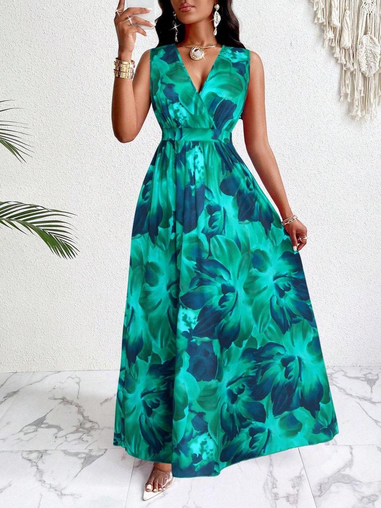 Elegant European & American Women's Sleeveless V-Neck Dress - Sexy, Fashionable, Printed Design 2026