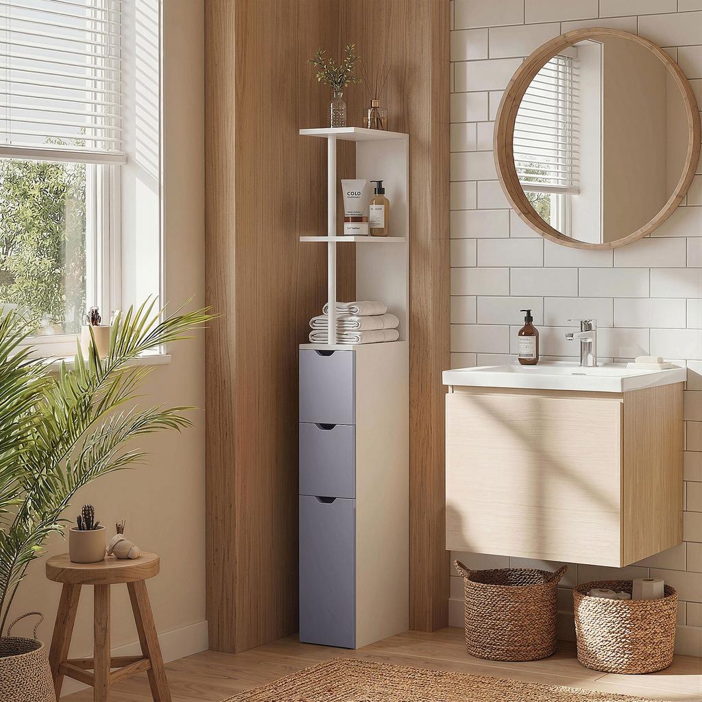 Colonna per Bagno, Mobile da Bagno in Legno Salvaspazio, Mobile con Armadietto, Mensole e Cassetti, 15x33x136,8 cm, Grigio Chiaro