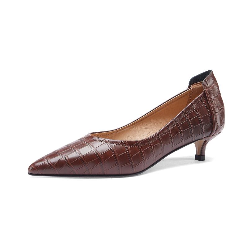 Fashion Women's New Spring and Autumn Vintage Pointy Snake Pattern Genuine Leather Cowhide Mid Heel Large Work Single Shoes