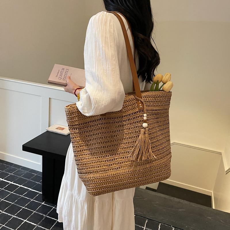 Borsa Tote in Paglia Intrecciata con Manici in Pelle Dettaglio Frangia Borsa da Spiaggia Estiva Moda Donna Grande Capienza