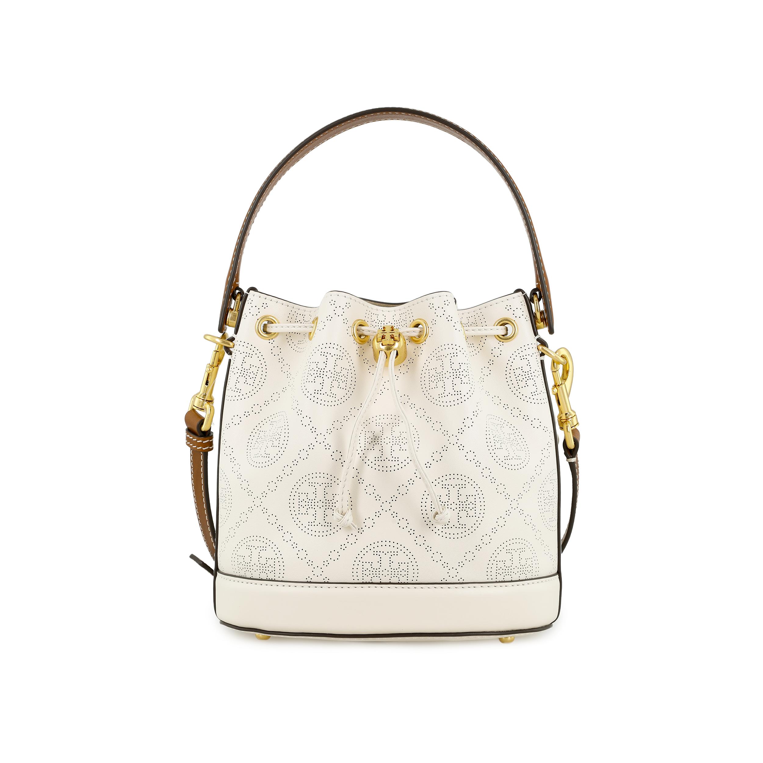 

Tory Burch T Monogram Hollow Out Drawstring Leather Bucket Bag Women bags Off-White 80768-104 Basic Set (Bag+Dust Bag)