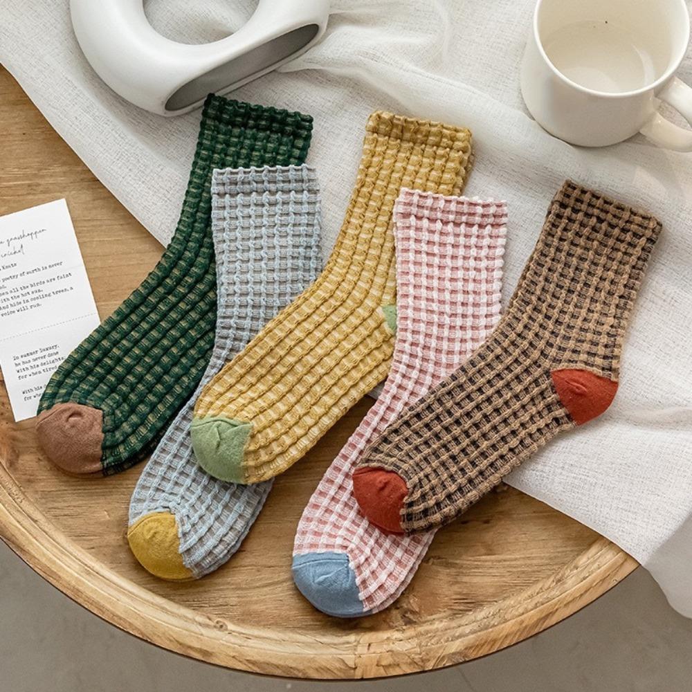5 Pairs Knit Pattern Crew Socks Mid Calf Comfortable Daily Socks Cotton Socks Daily Casual