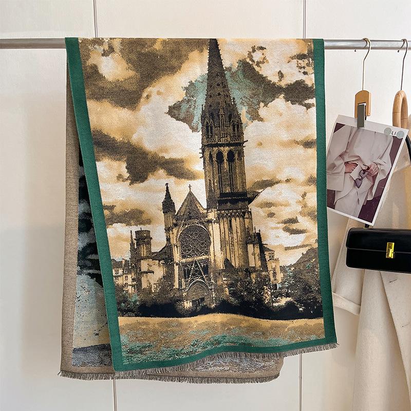 Autumn And Winter National Style Plants And Flowers Landscape Painting Elegant Women Warm Scarf Fashion Retro Shawl