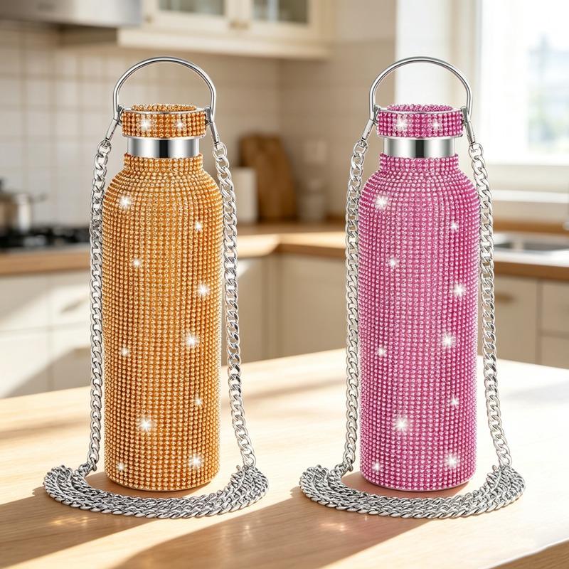 Borraccia Termica Acciaio Inossidabile Brillante Borchiata con Diamanti Festa alla Moda Catena a Tracolla Staccabile Regalo per Donna