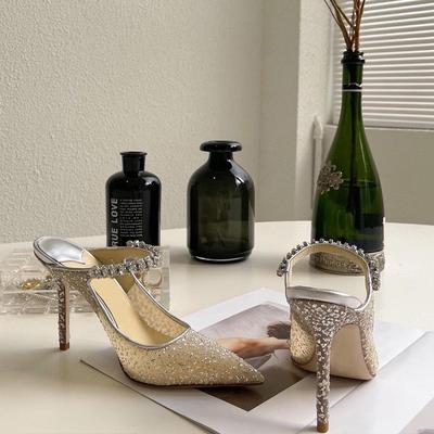 Fashion Celebrity Diamond-Chain Muller Shoes 2025 Summer New Pointy Mesh Sequin Fine Heel One-Line High-Heeled Sandals