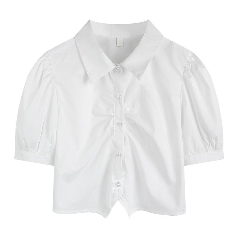 College Chiffon Shirt Women's POLO Neck Short Sleeve Splicing Slim Bubble Sleeve Japan and Korea Commuter Leisure Summer