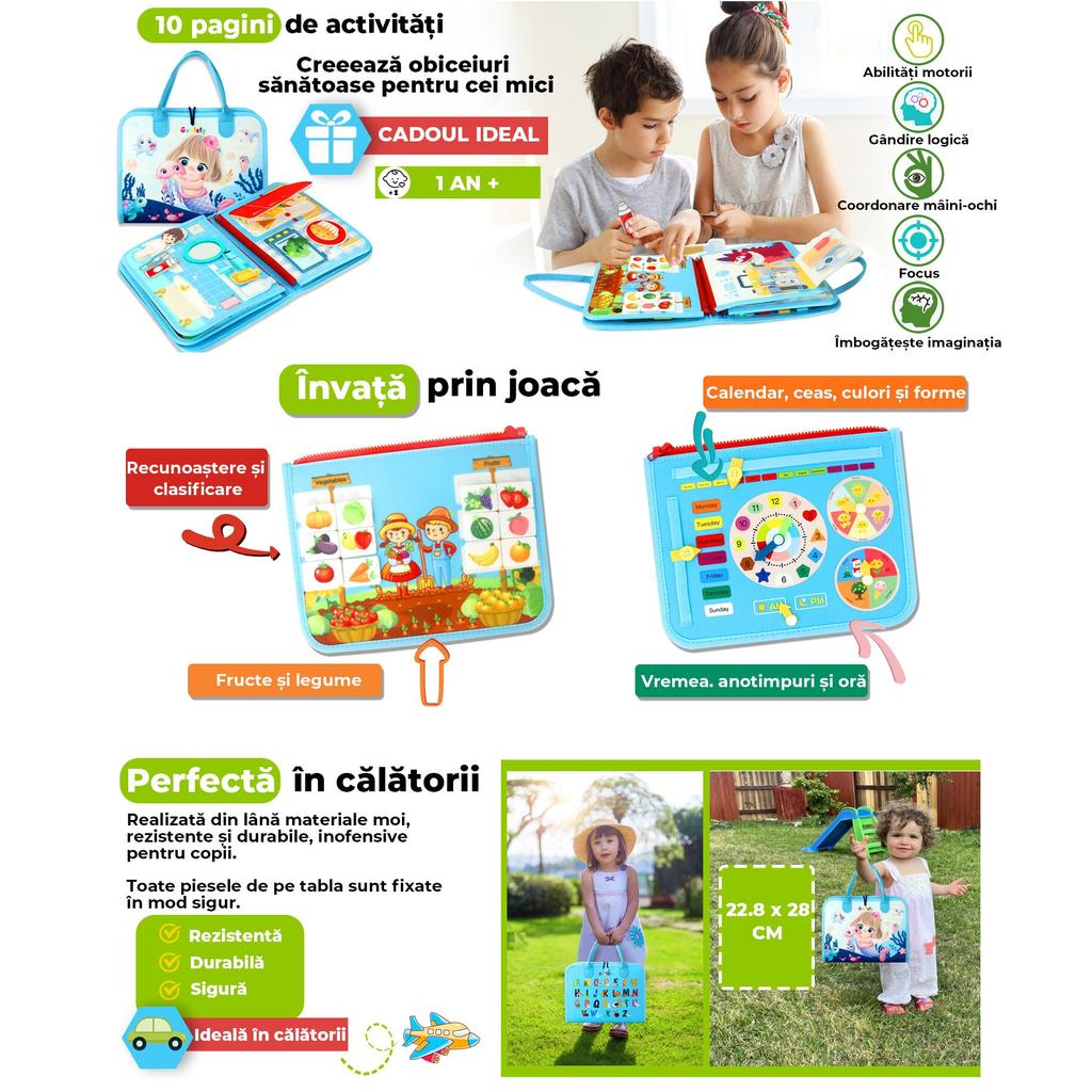 Montessori Busy Board Interaktives Sensorikspielzeug Faltbar Tragbar Aktivitätenbuch Blau Pädagogisches Reise Spielzeug zur Entwicklung der Feinmotorik