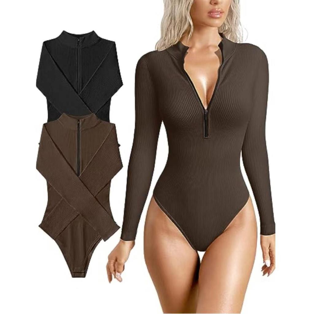 2023 Sexy Ribbed Long-Sleeve Zipper Bodysuit