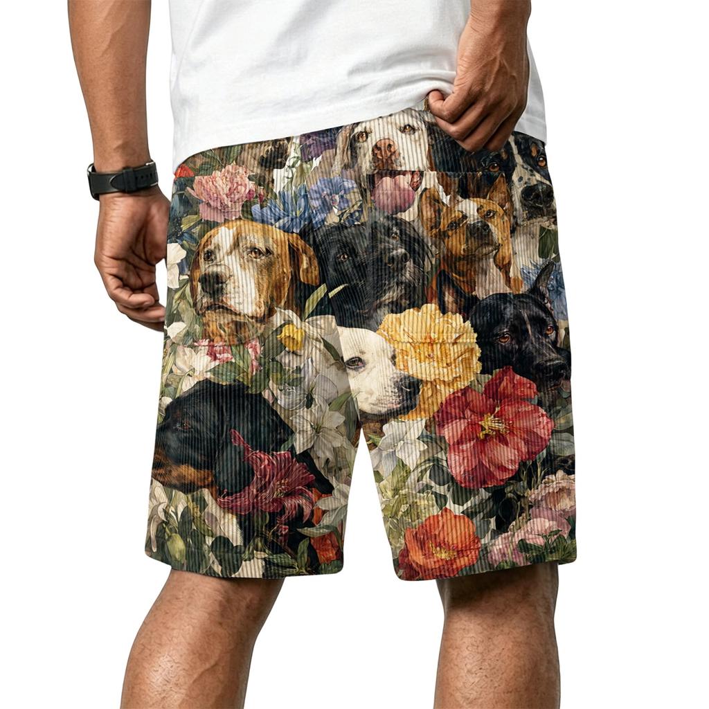 Men's Casual Corduroy Drawstring Shorts Hawaiian Style Floral Dog Print Lightweight Comfortable Fit Summer Beachwear