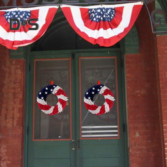 USA Independence Day Patriotic Wreath Red White Blue US Flag Wreath Front Door Wall Hanging Garland Pendant 4th of July Festival Decoration