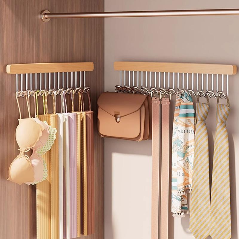 Wooden Wall Hanging With Telescopic Drying Rack With Stainless Steel Hook Pull-Out Space Saving Underwear Tank Top Organizer