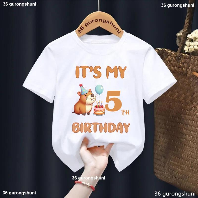 It'S My 4th/5th Birthday Capybara Balloon Printed Tshirt Girls/Boys Celebrate Birthday Gift Kids Clothes Kawaii Solid T-Shirt