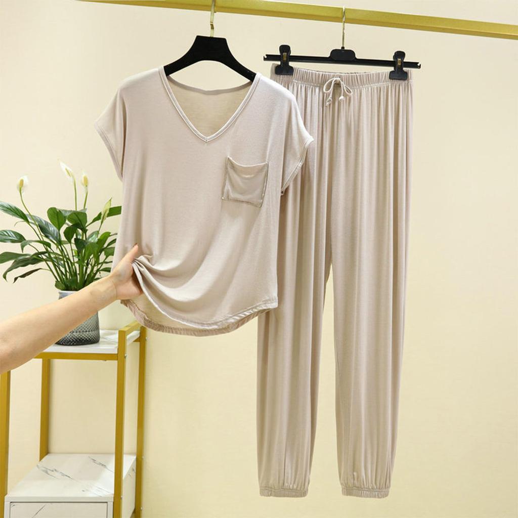 Women's Fashion Solid Color Home Pajamas  V-Neck Pockets Short-Sleeved Pants Wearable Versatile Two-Piece Suit