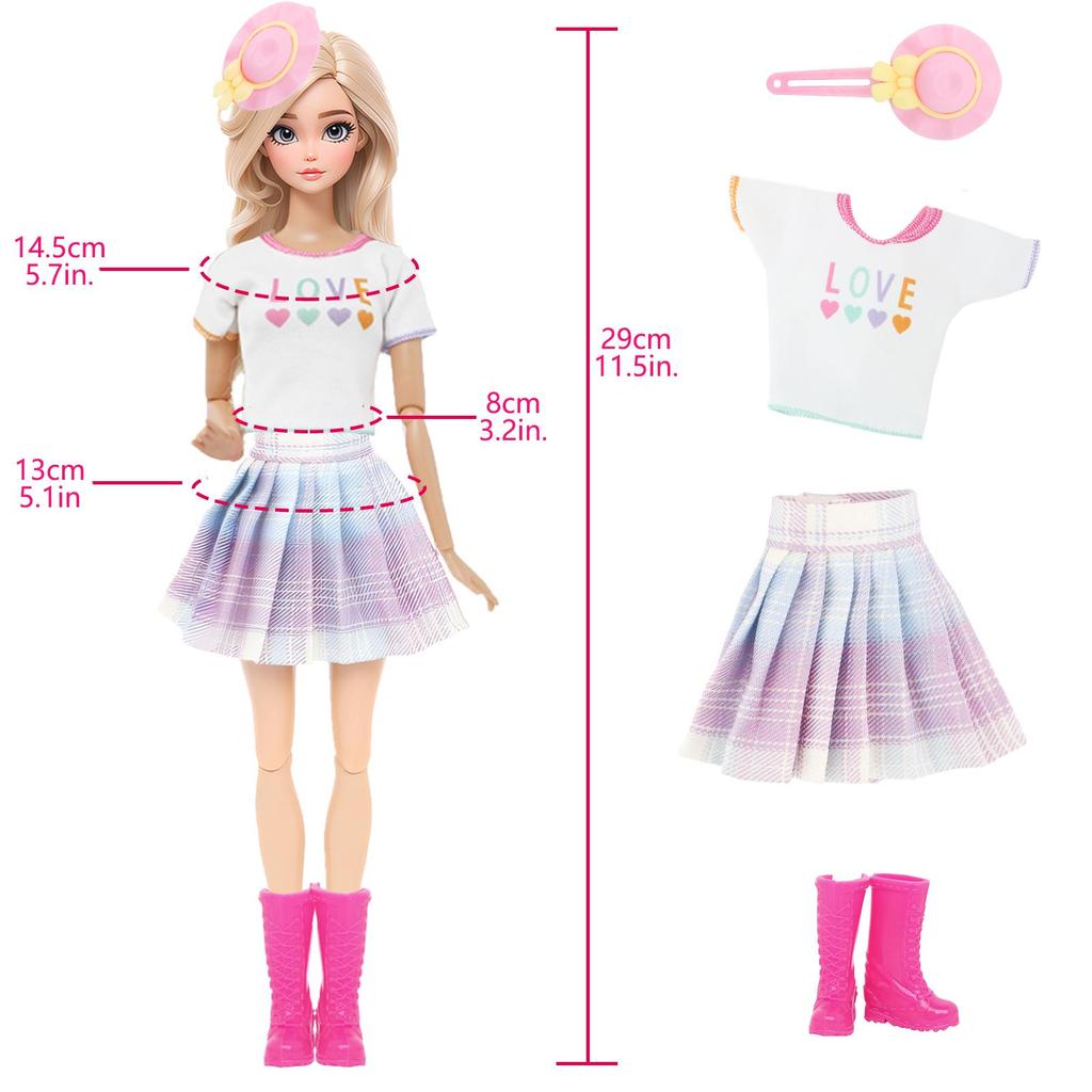 Pink Set 10 pcs 11.5'' Girl Doll Accessories 2 Tops Pants Shoes 1 Glasses Handbang Arm Sleeves Random Hairpin Kids Toy Gift