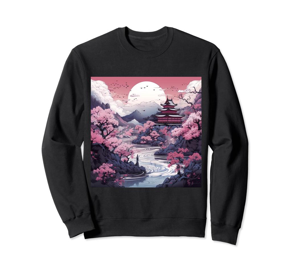 Japanese Moonlit Castle Scene Sakura Sweatshirt