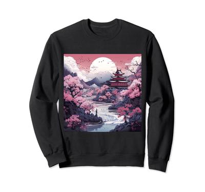 Japanese Moonlit Castle Scene Sakura Sweatshirt