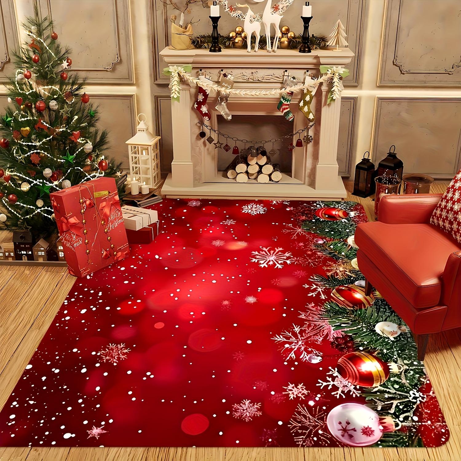 

Рождественский ковер Пуансеттия Золотой бант Коврик Красно-зеленый Сосновая ветка Мат Роскошная витиеватая кайма Украшение дома Коврик для пола в гостиной 120X160CM