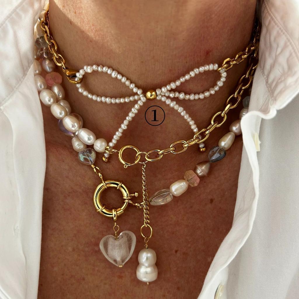 Glazed Love Bow Handmade Beaded Collarbone Chain Stainless Steel Color Retention