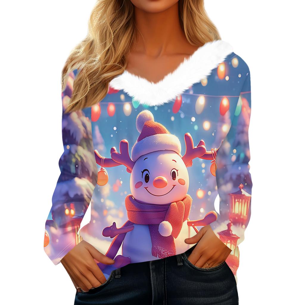 Women's Christmas Printed Long Sleeved Party Plush Neck V-neck Top