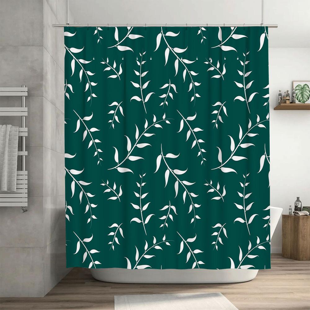 White Leaf Green Shower Curtain Bath Mat Waterproof Bathroom Decor