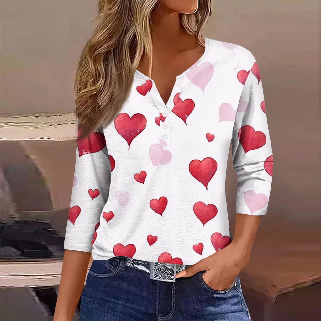Damen Kragen Valentinstag Print Kurzarm T-Shirt Top