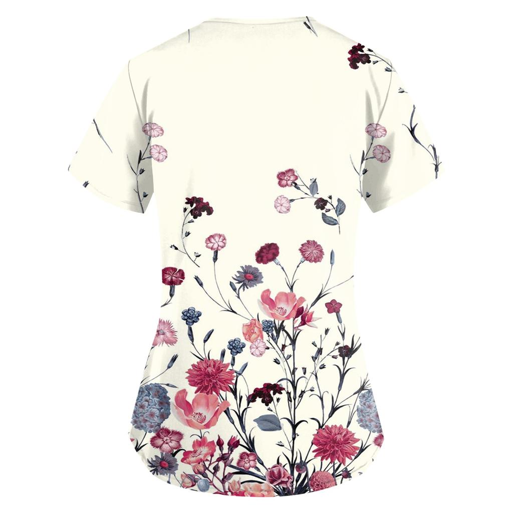 Women's Floral Printing Short Sleeve V-neck Tops Working Uniform Pocket Blouse