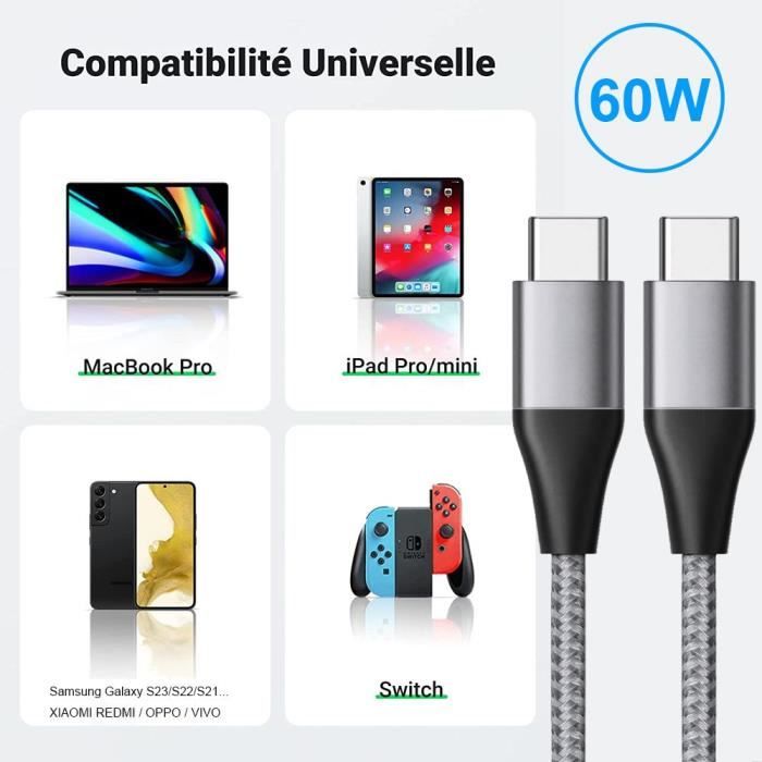 USB-C To USB-C Cable Fast Charge 3A for Xiaomi 12-12T Pro 13 Ultra 11i 11T Pro Mi 11 Lite - Reinforced Nylon Grey 1M