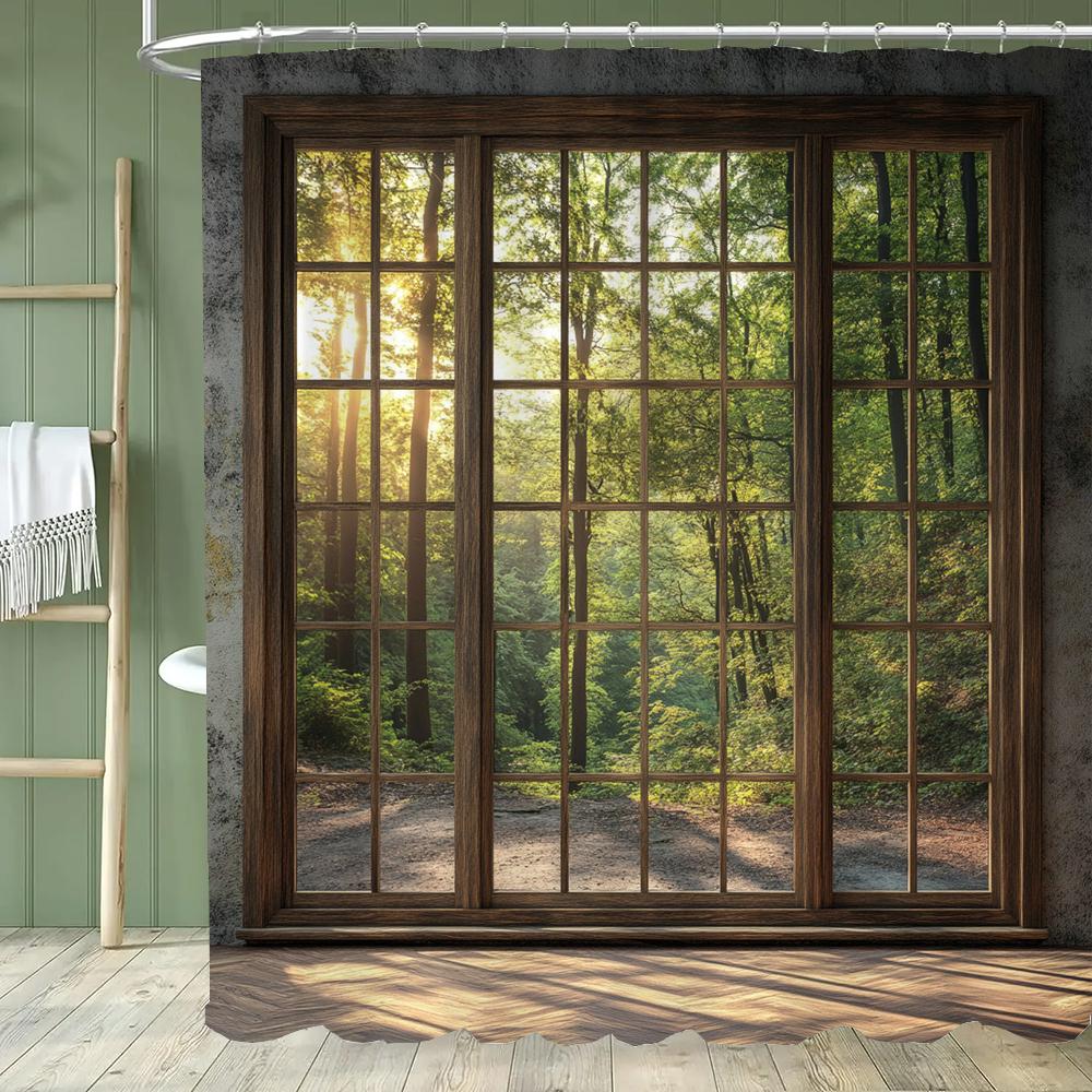 

Natural Scenery of forest Outside the Window Shower Curtain With Hooks Quick Install Easy Clean For Home Decoration Curtain W90xH180cm