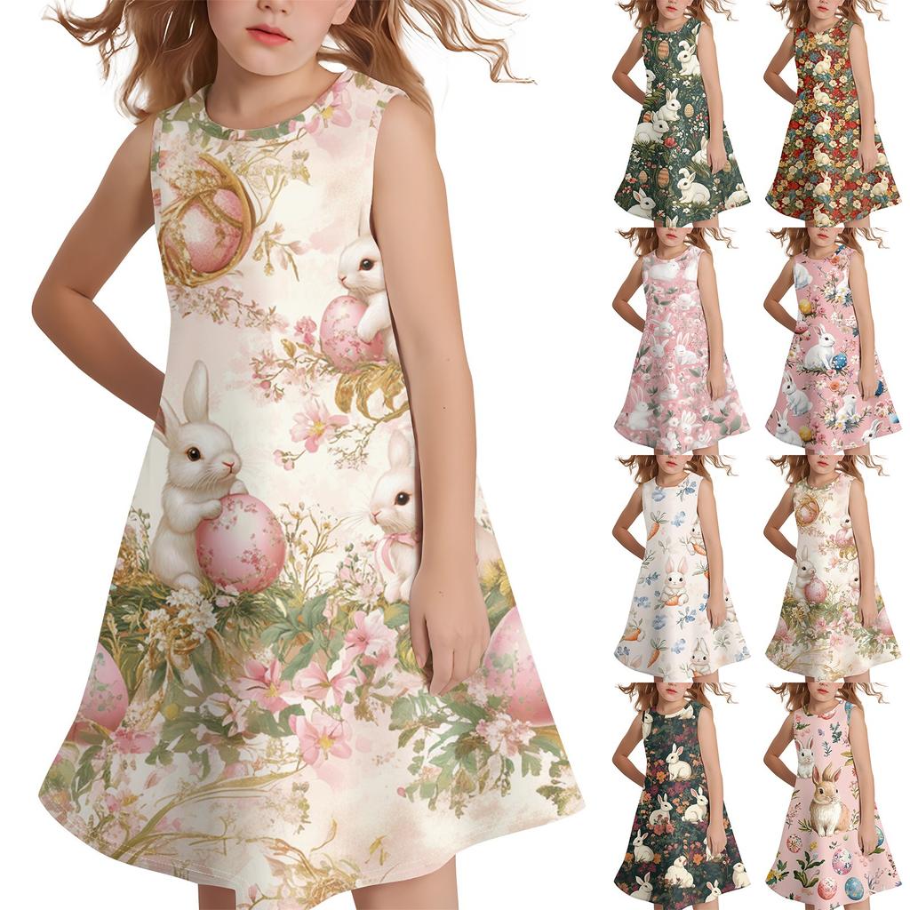 Dívčí módní ležérní šaty bez rukávů s kulatým výstřihem a velikonočním potiskem